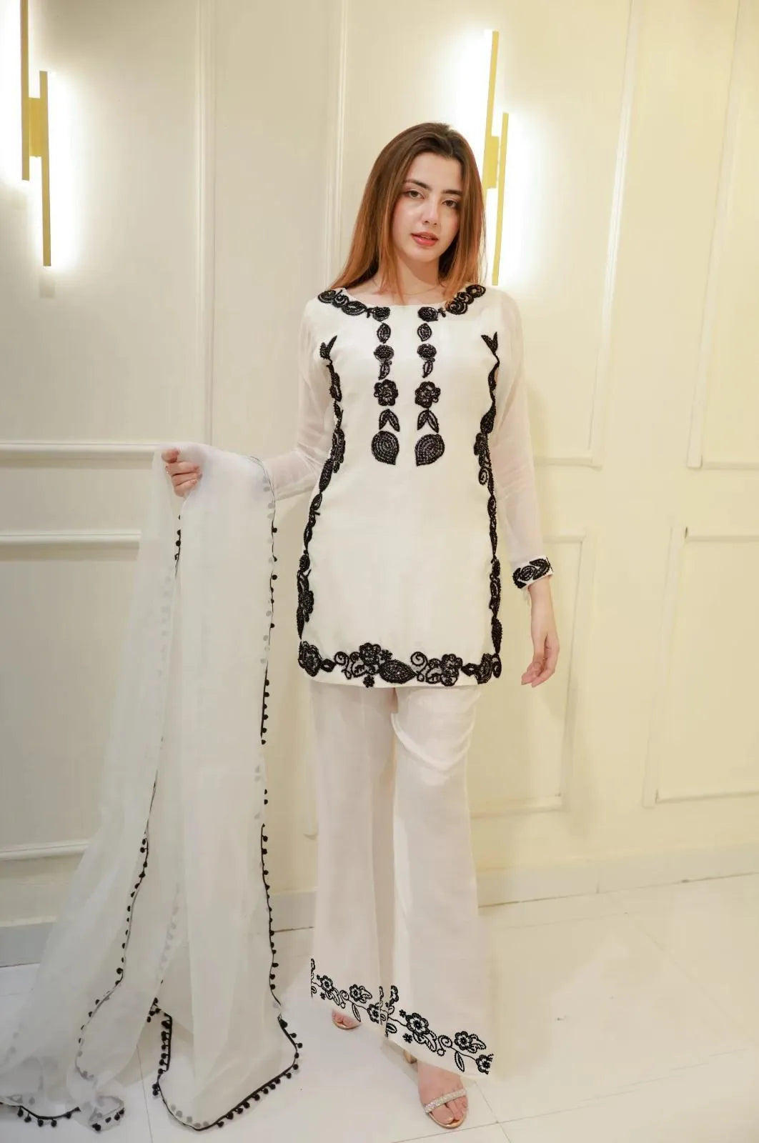 Women's Cotton Suit - White, Organza Dupatta, 3 Piece