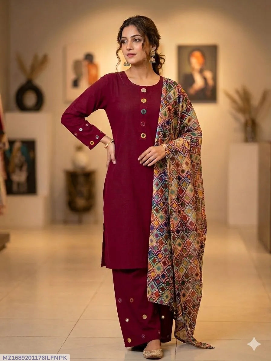 Multicolour Sheesha Work Dobby Lawn Suit - 3-Piece Stitched