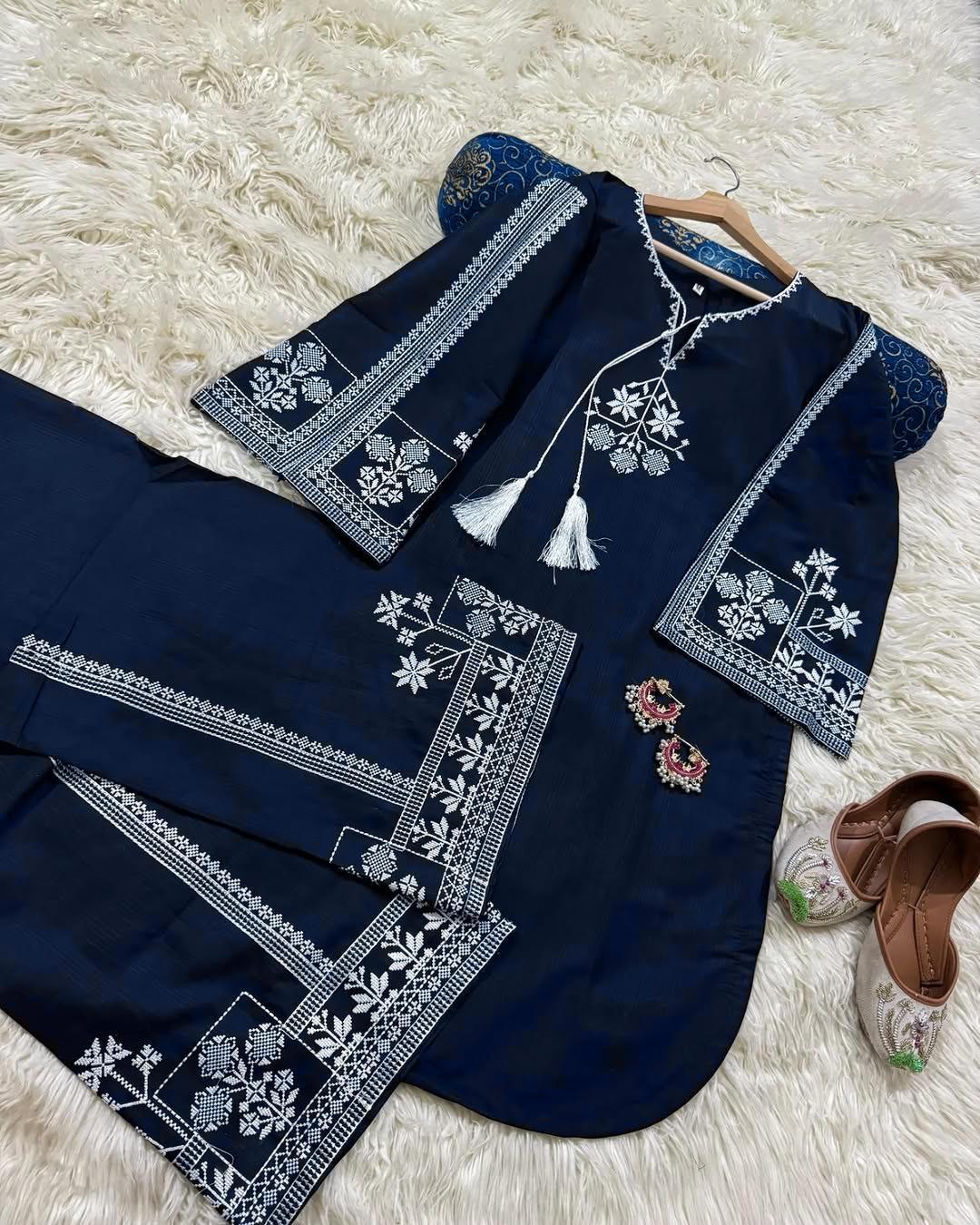 Women's Embroidered Cotton Suit - Blue, 2 Piece, Stitched