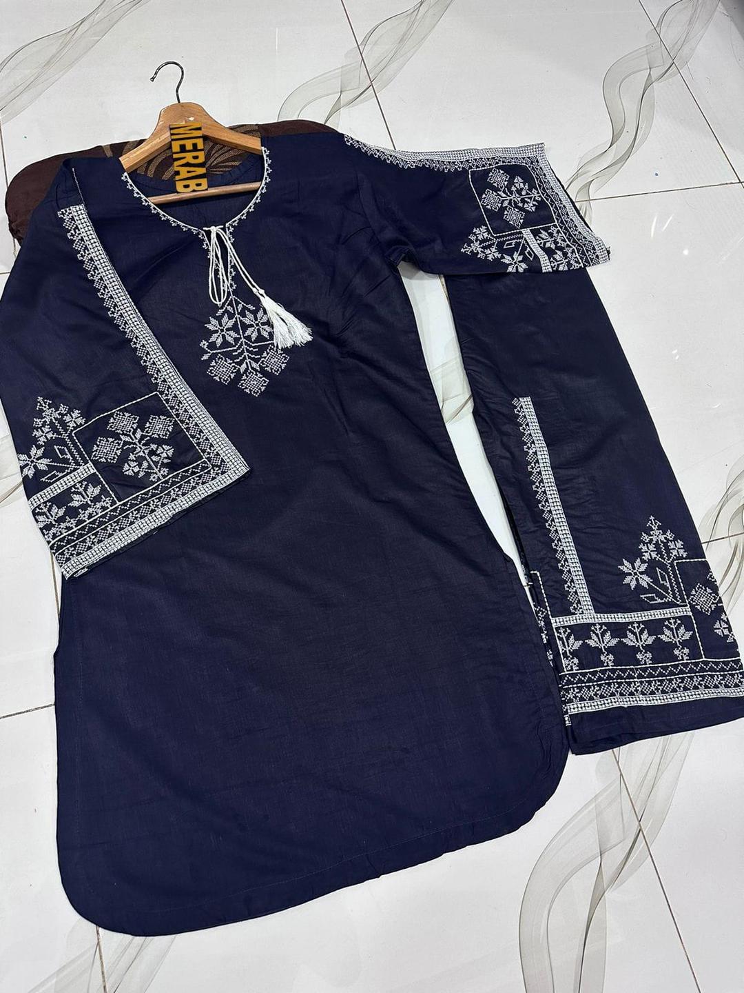 Women's Embroidered Cotton Suit - Blue, 2 Piece, Stitched