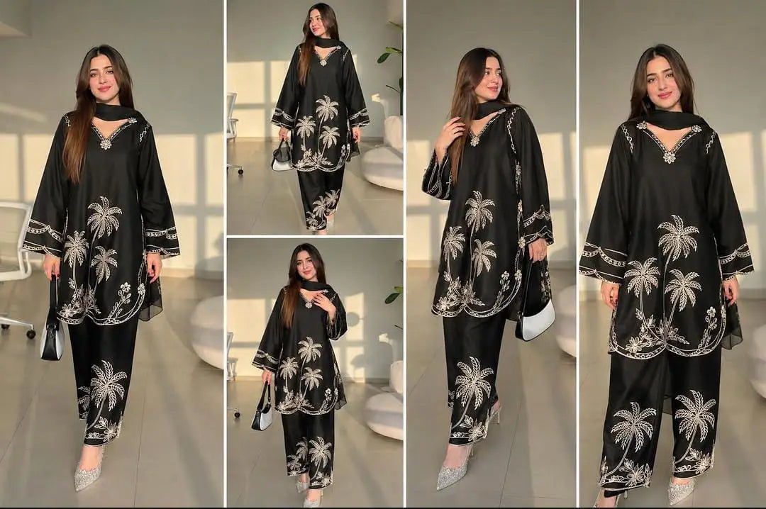 Women's Cotton Suit - Black, Embroidered, 2 Piece, Stitched