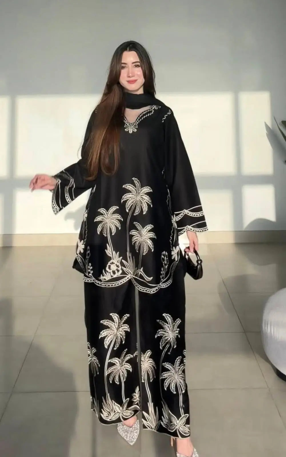 Women's Cotton Suit - Black, Embroidered, 2 Piece, Stitched