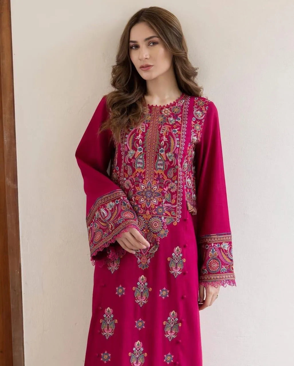 Pink Embroidered Dhanak Suit - 2-Piece Unstitched - view 2