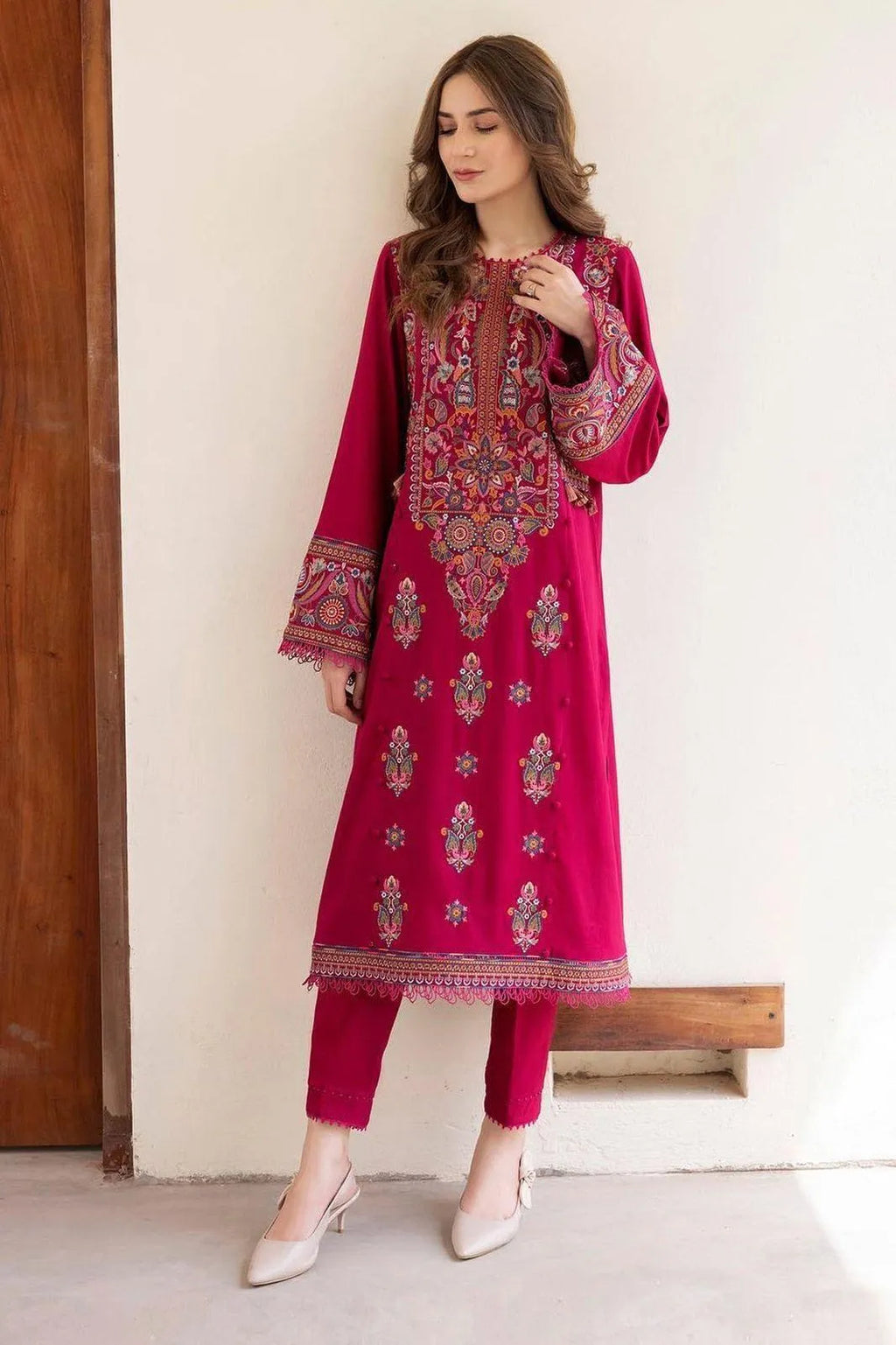 Pink Embroidered Dhanak Suit - 2-Piece Unstitched - view 3
