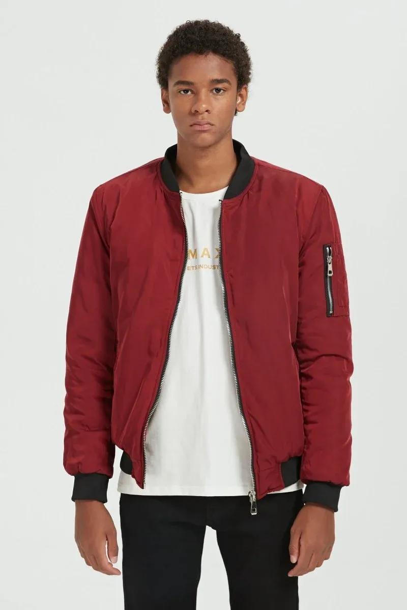 Men's Red Polyester Bomber Jacket - Collared, Size M