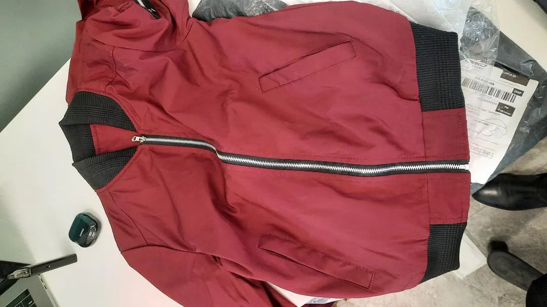 Men's Red Polyester Bomber Jacket - Collared, Size M