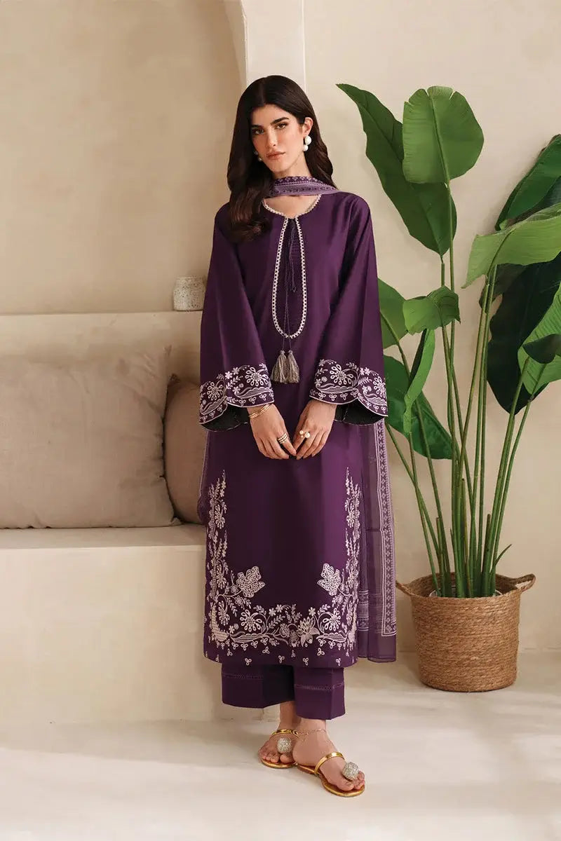 Purple Embroidered Dhanak Suit - 3-Piece Unstitched