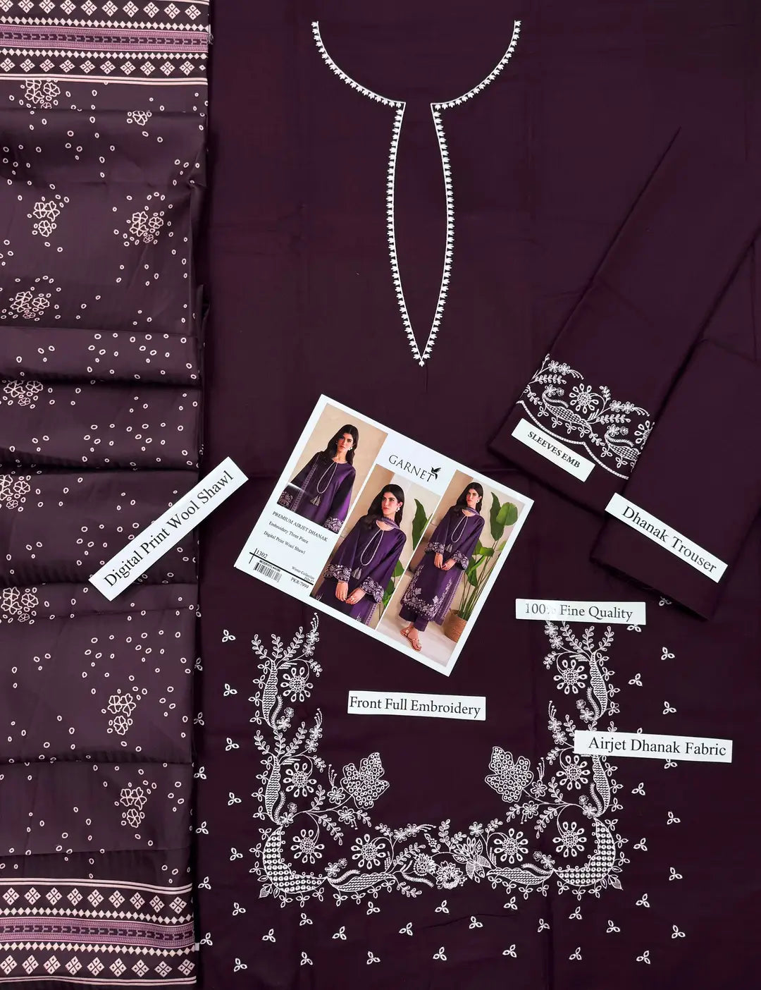 Purple Embroidered Dhanak Suit - 3-Piece Unstitched - view 2