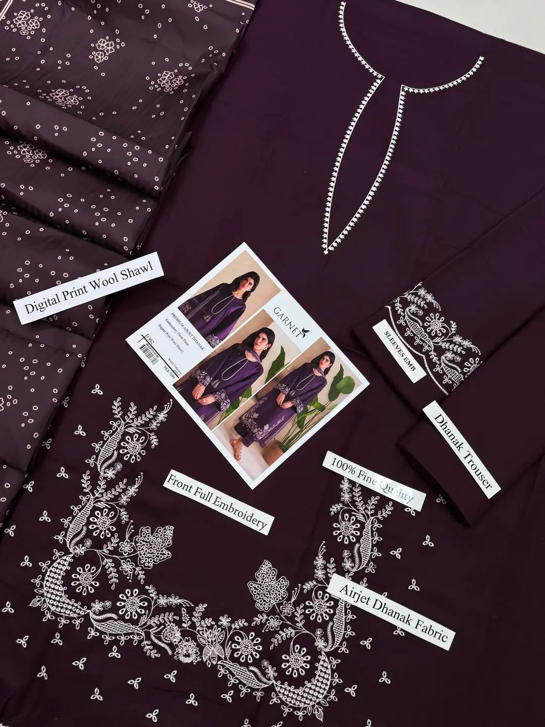 Purple Embroidered Dhanak Suit - 3-Piece Unstitched - view 3
