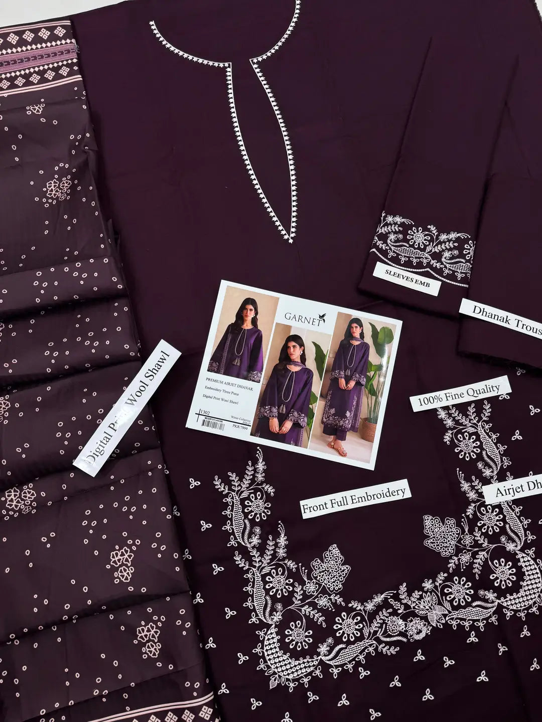 Purple Embroidered Dhanak Suit - 3-Piece Unstitched - view 4