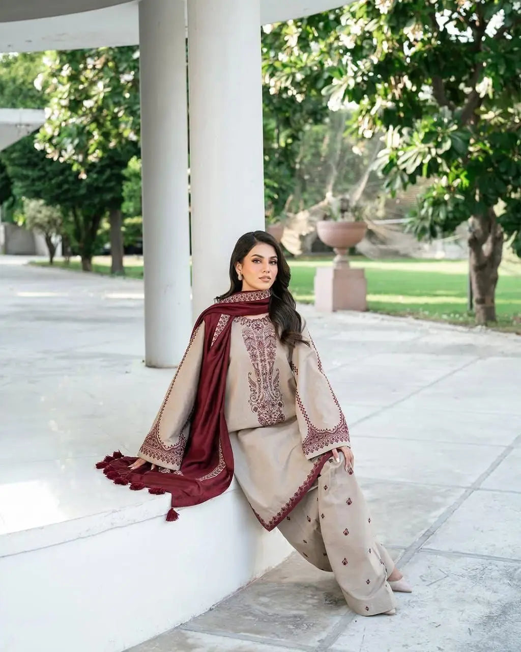 Unstitched Dhanak Suit - Beige, 3 Piece with Wool Shawl