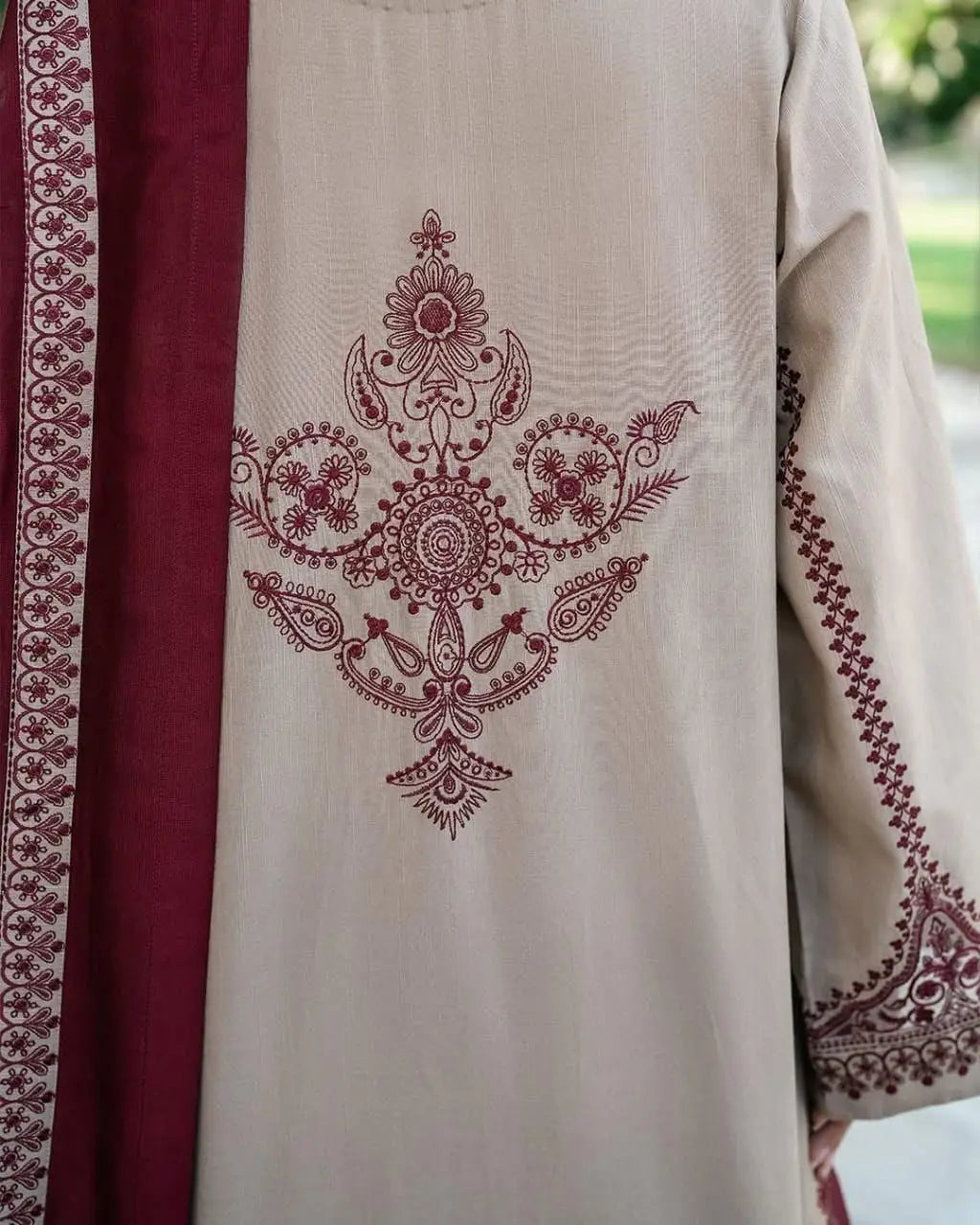 Unstitched Dhanak Suit - Beige, 3 Piece with Wool Shawl