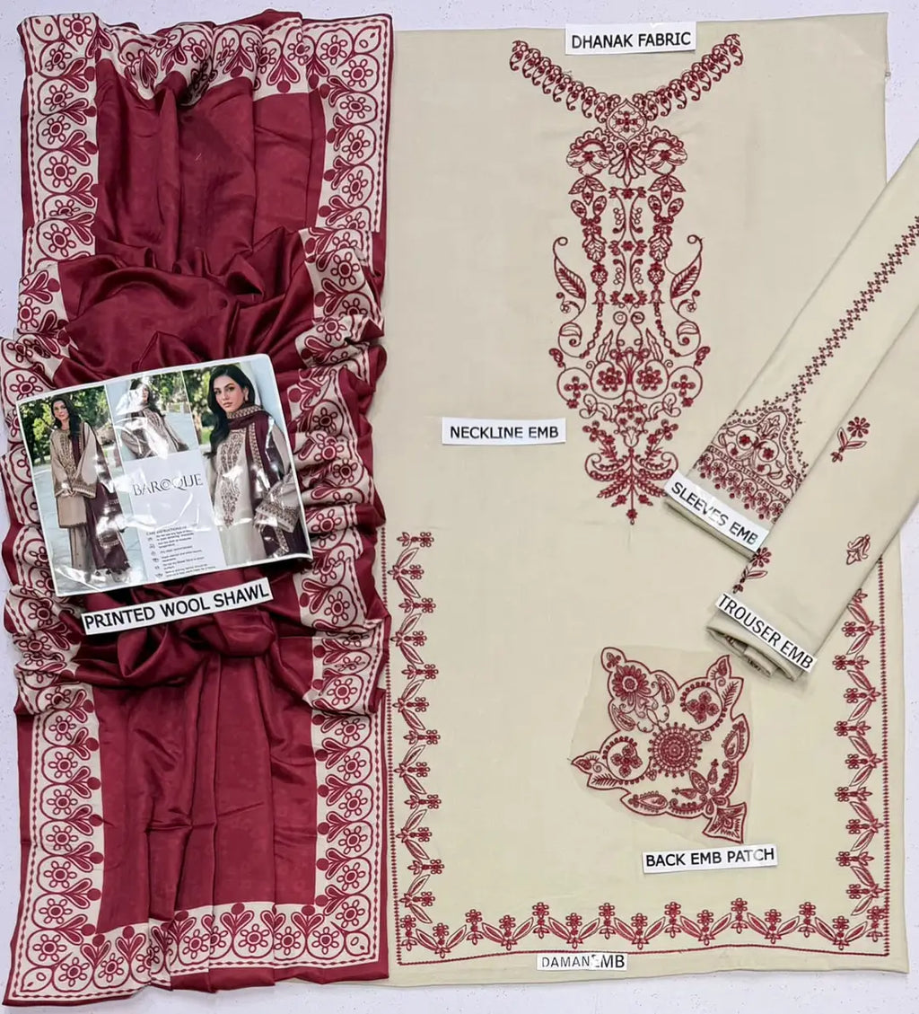Unstitched Dhanak Suit - Beige, 3 Piece with Wool Shawl