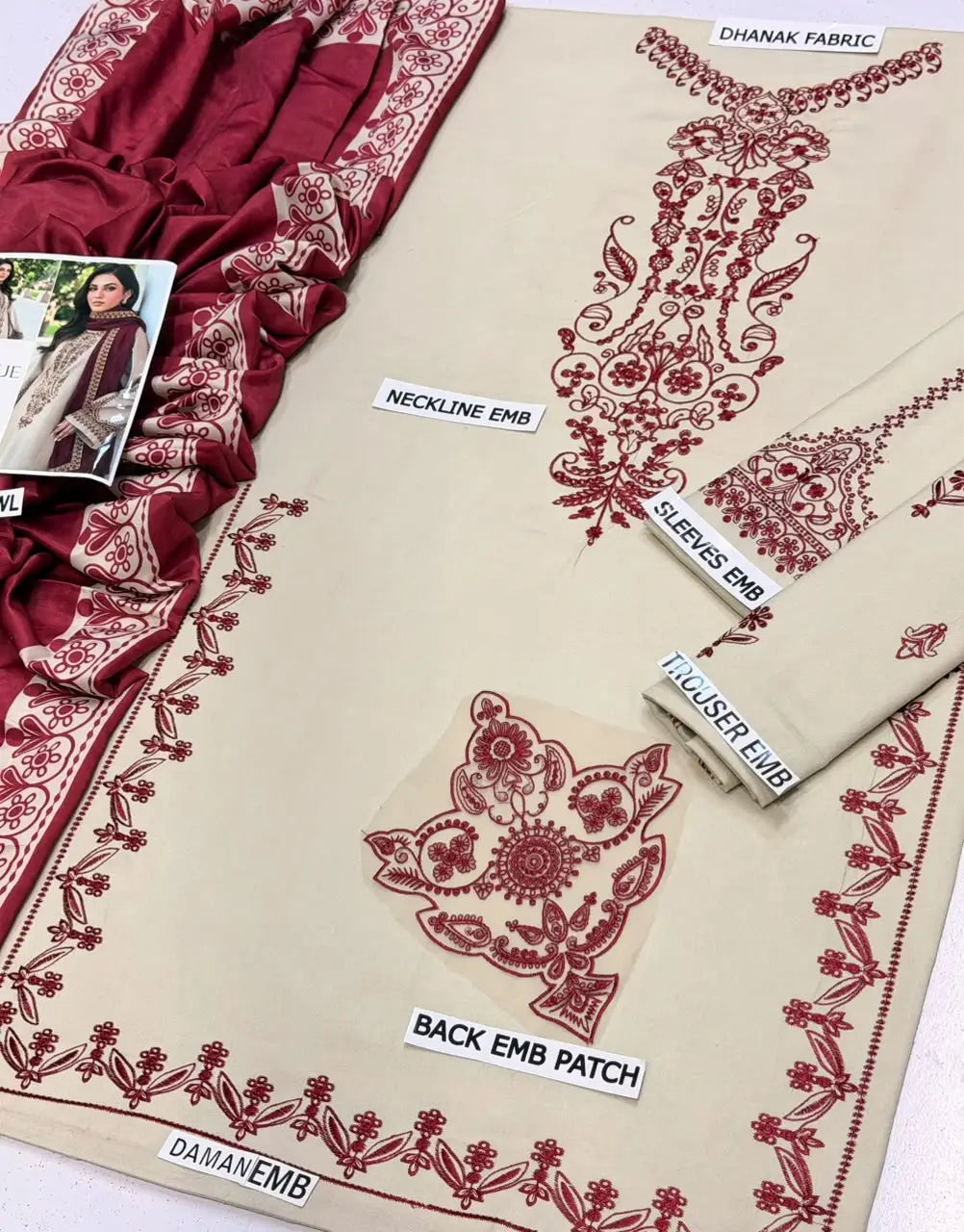 Unstitched Dhanak Suit - Beige, 3 Piece with Wool Shawl
