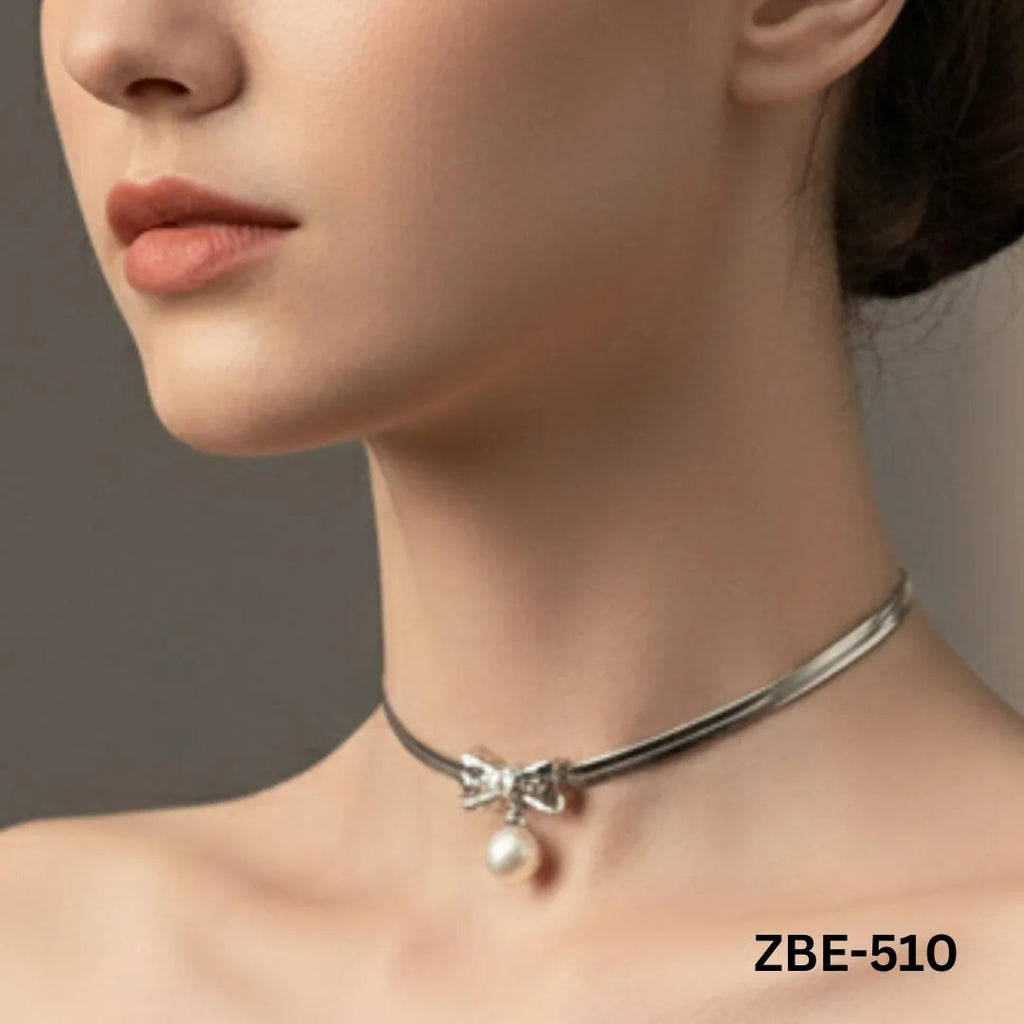 Stainless Steel Pearl Pendant Necklace Silver Bow Design - view 3