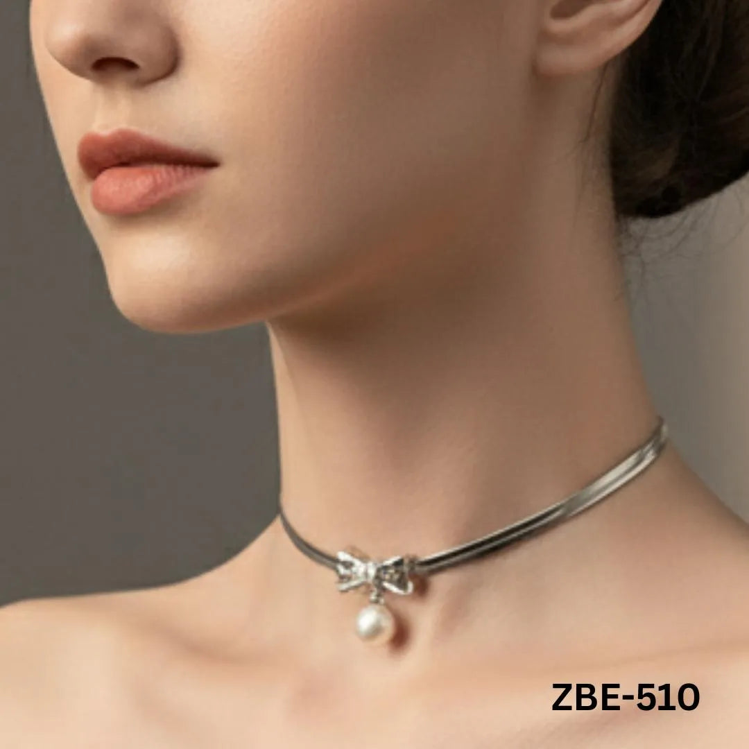 Stainless Steel Pearl Pendant Necklace Silver Bow Design - view 3