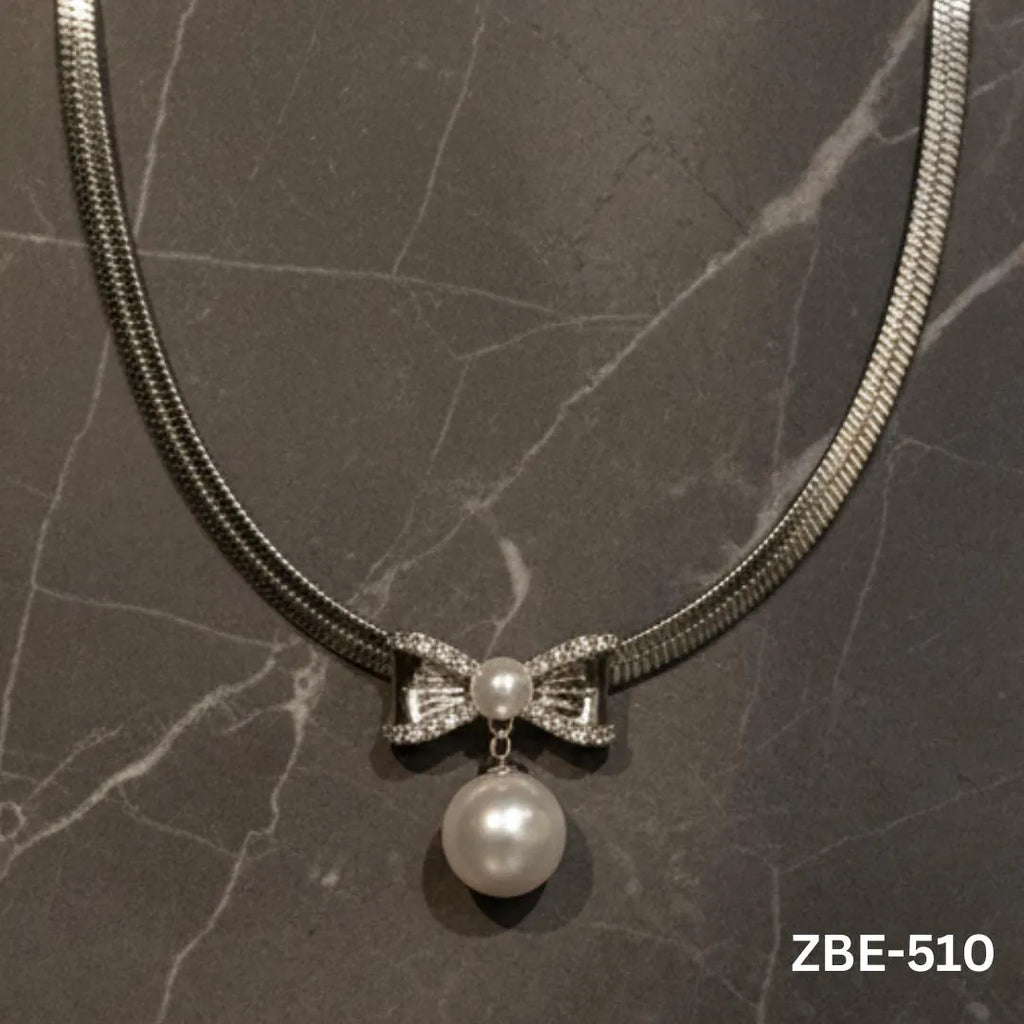 Stainless Steel Pearl Pendant Necklace Silver Bow Design - view 2