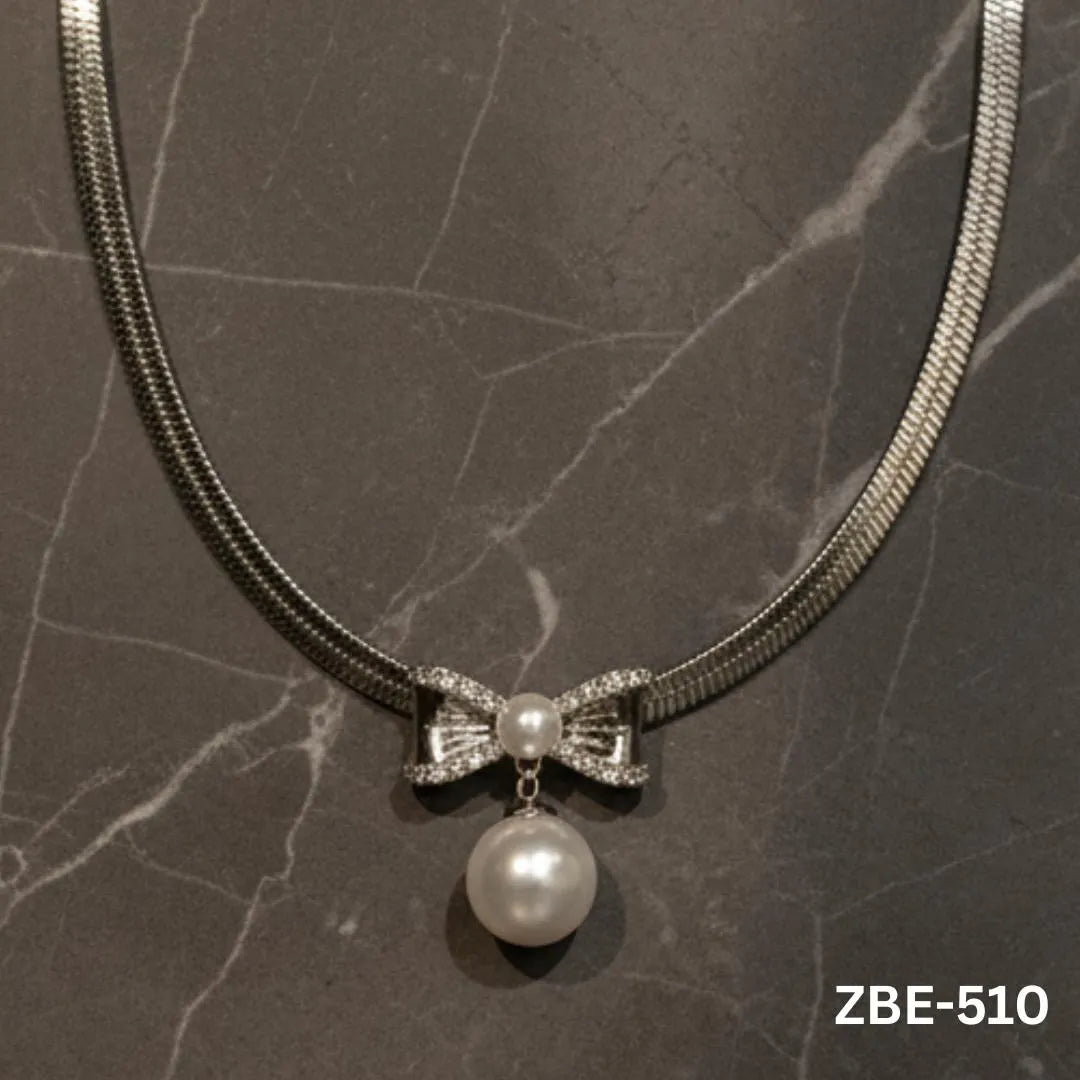 Stainless Steel Pearl Pendant Necklace Silver Bow Design - view 2