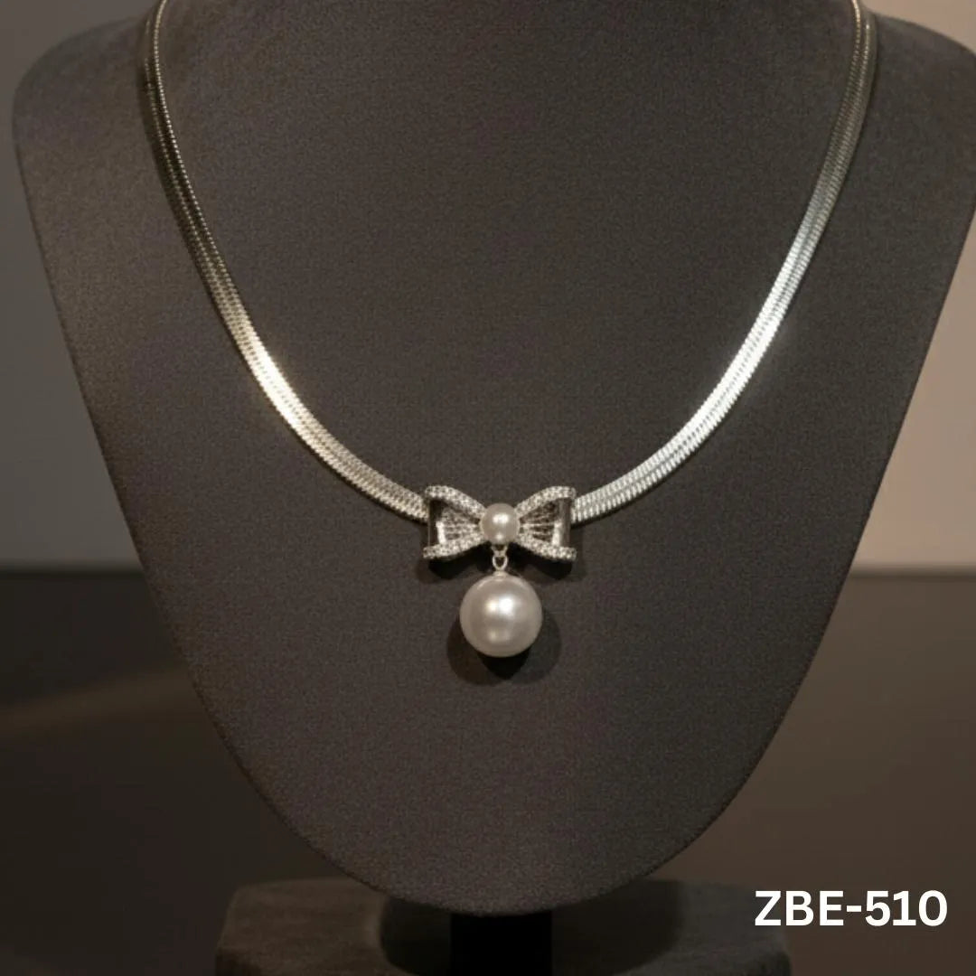Stainless Steel Pearl Pendant Necklace Silver Bow Design - view 4