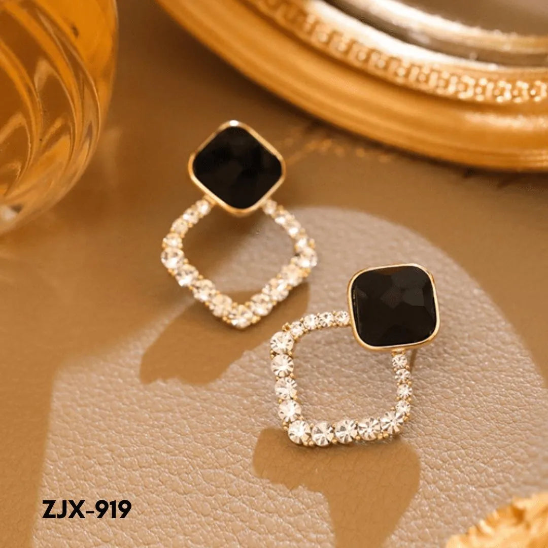 Black Square Stone Earrings with Crystal Halo for Women - view 2