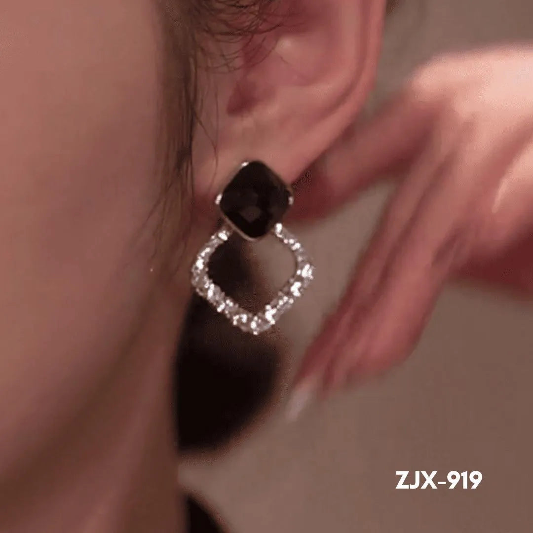 Black Square Stone Earrings with Crystal Halo for Women - view 3