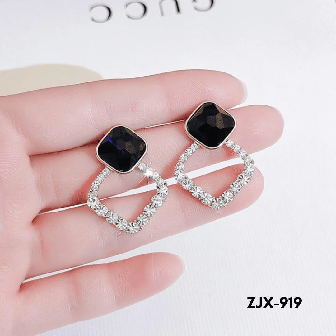 Black Square Stone Earrings with Crystal Halo for Women - view 4
