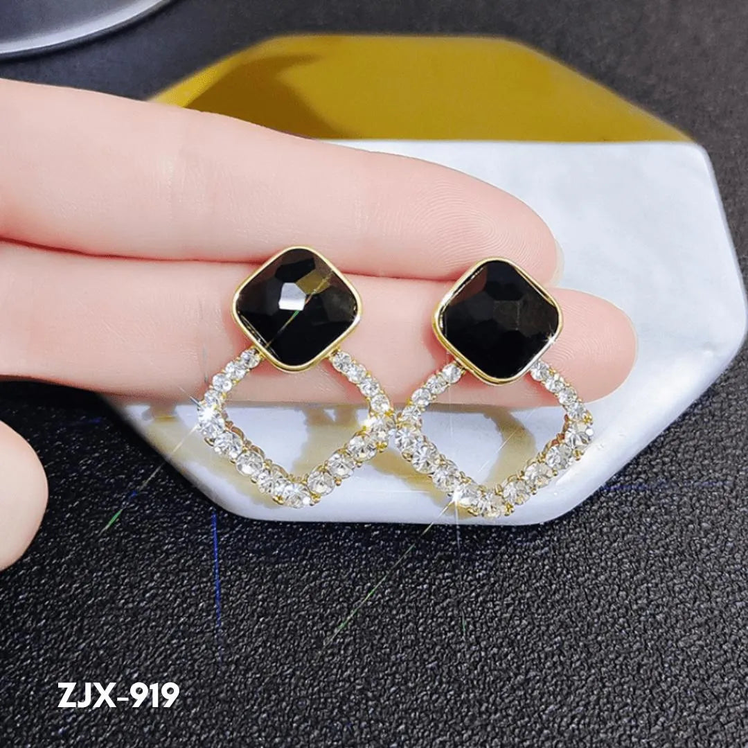 Black Square Stone Earrings with Crystal Halo for Women - view 5