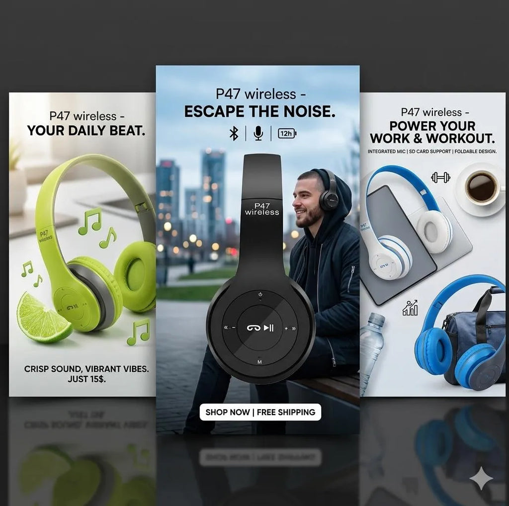 P47 Wireless Headphones Black Fast Charge Battery