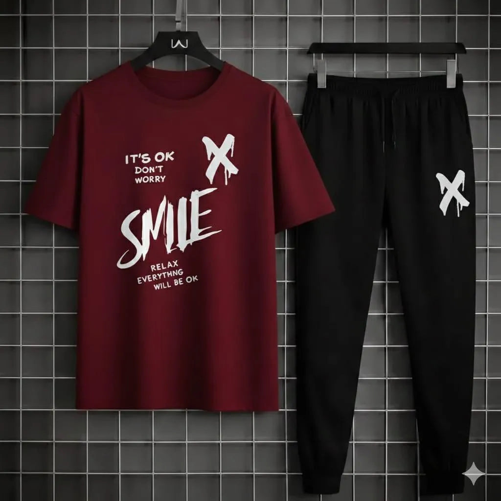 Men's Smile Graphic Track Suit - Maroon, 2 Piece