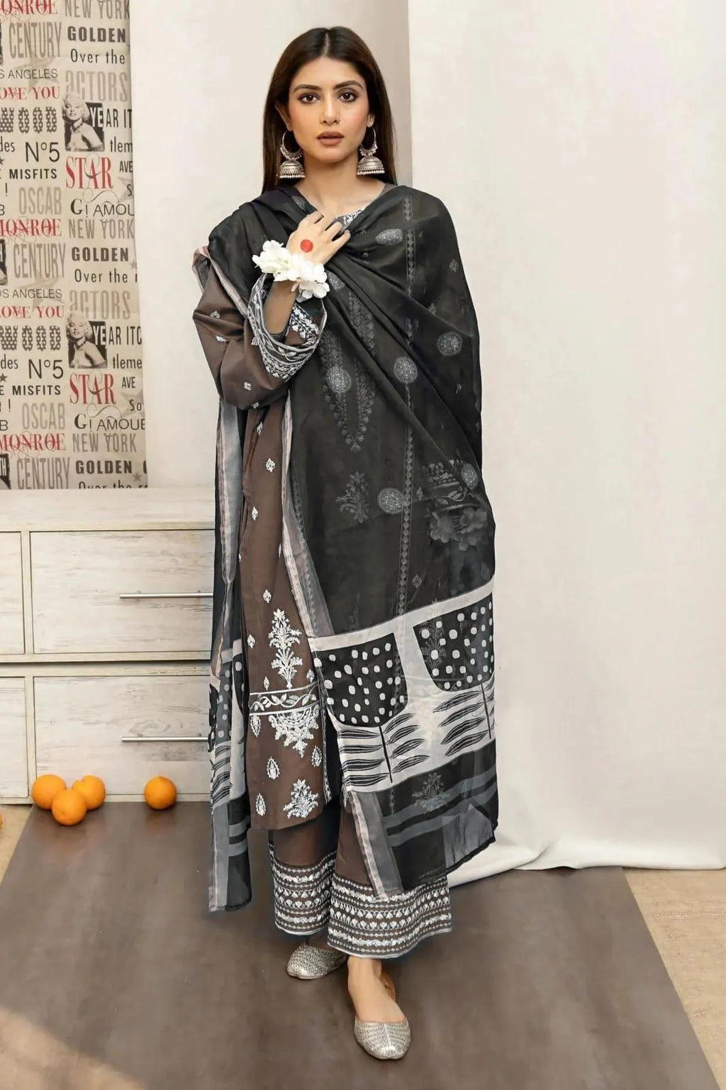 Brown Embroidered Lawn Suit - 3-Piece Unstitched