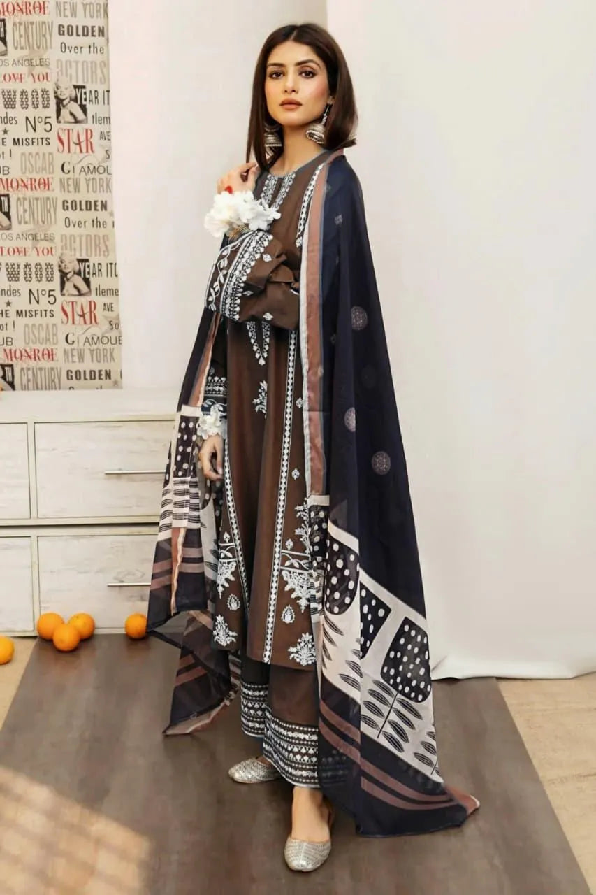 Brown Embroidered Lawn Suit - 3-Piece Unstitched - view 3