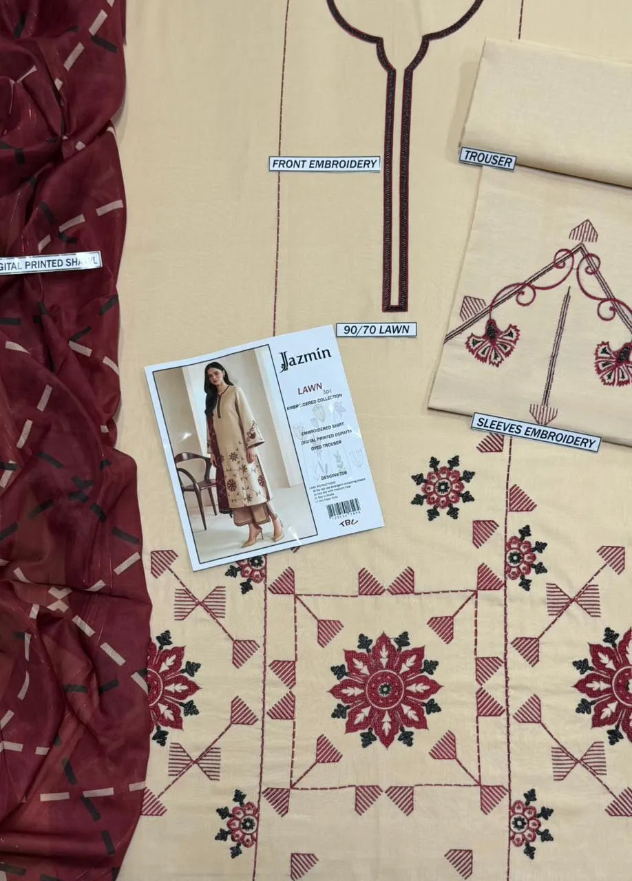 Beige Embroidered Lawn Suit - 3-Piece Unstitched - view 2