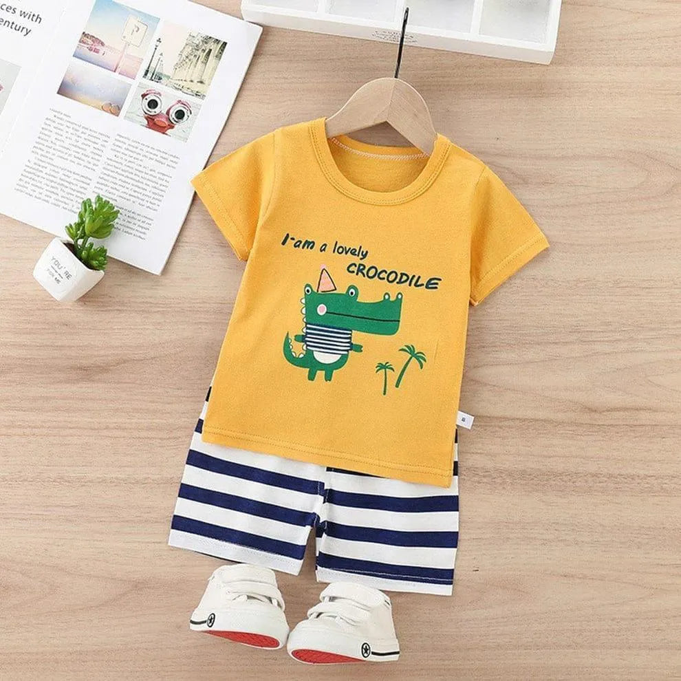 Kids Night Suit Set - Yellow Crocodile Print - view 3