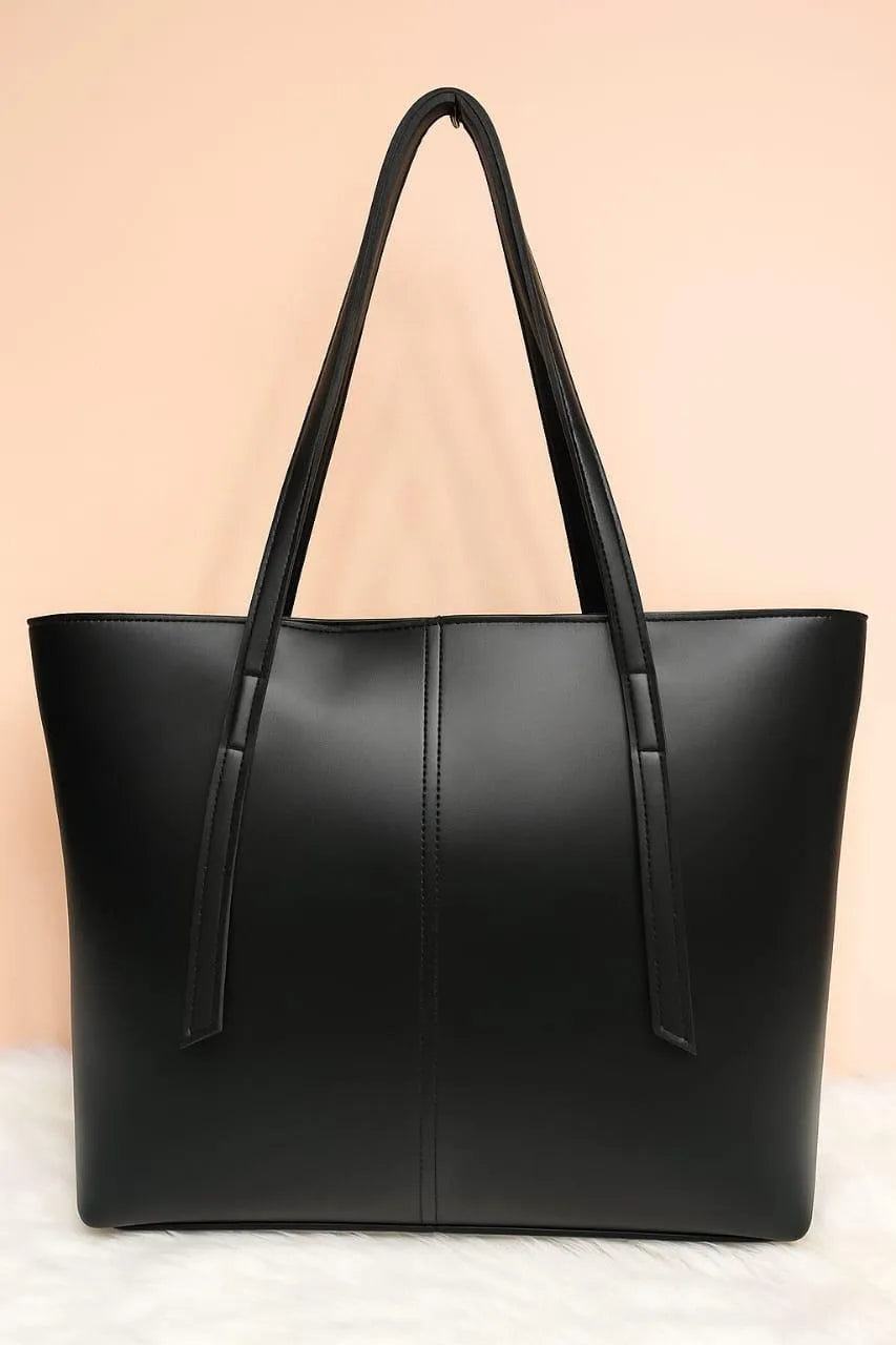 Women's Faux Leather Tote Bag - Black, 11.5 x 12 Inches