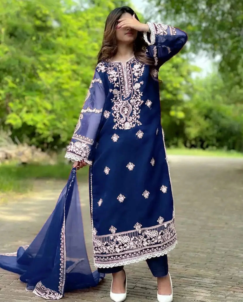Women's Embroidered Organza Suit - Blue, Round Neck, Stitched
