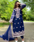 Women's Embroidered Organza Suit - Blue, Round Neck, Stitched