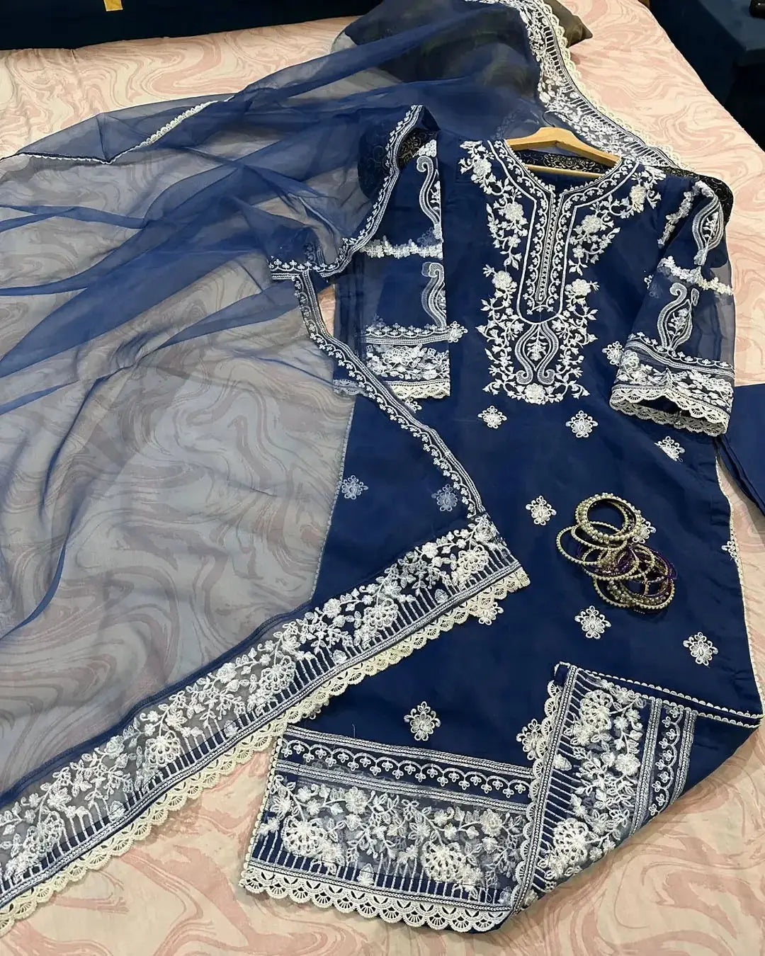 Women's Embroidered Organza Suit - Blue, Round Neck, Stitched