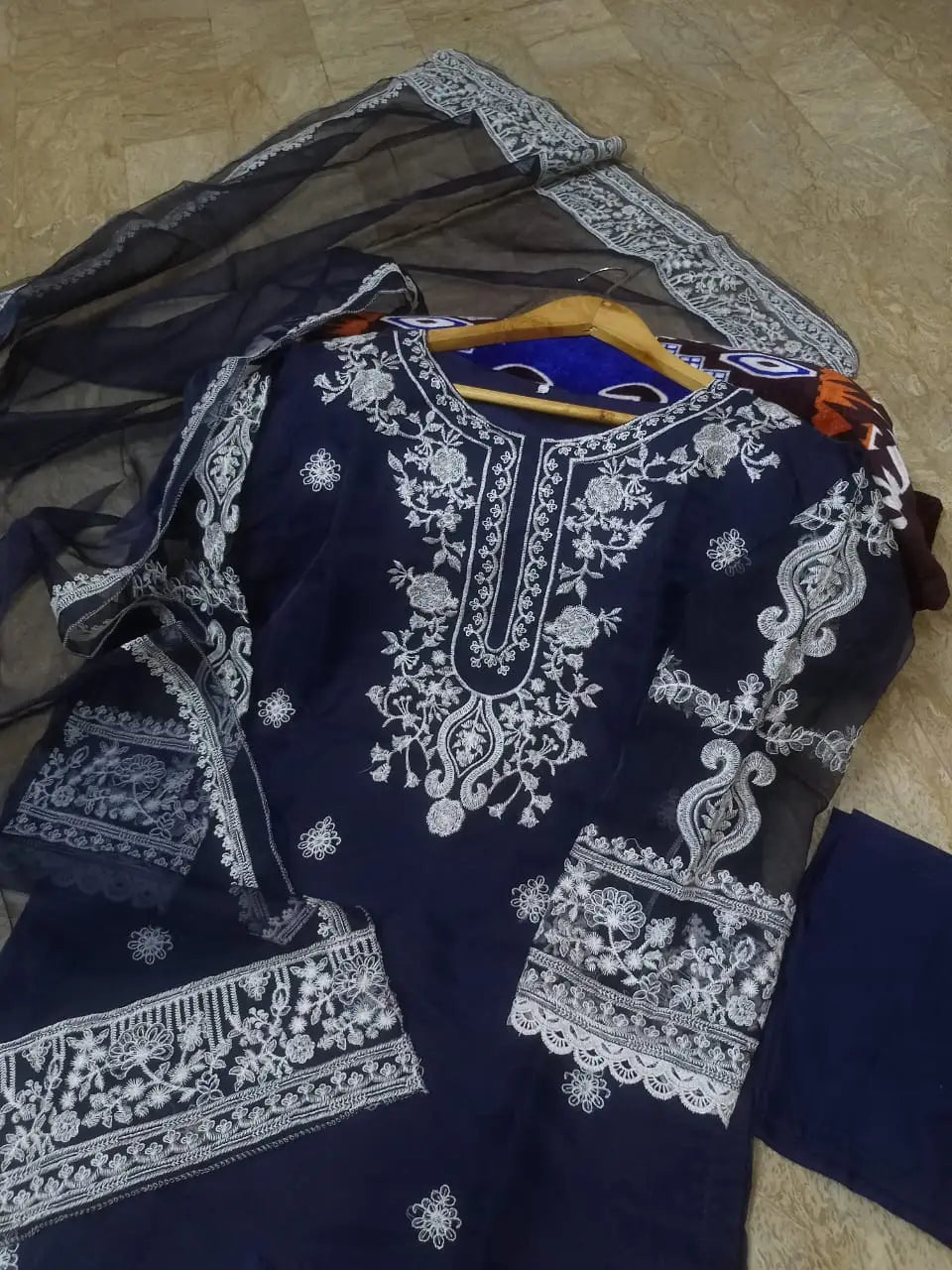 Women's Embroidered Organza Suit - Blue, Round Neck, Stitched