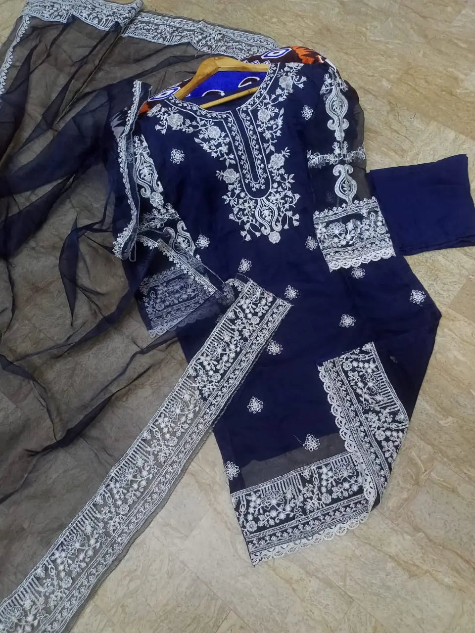 Women's Embroidered Organza Suit - Blue, Round Neck, Stitched