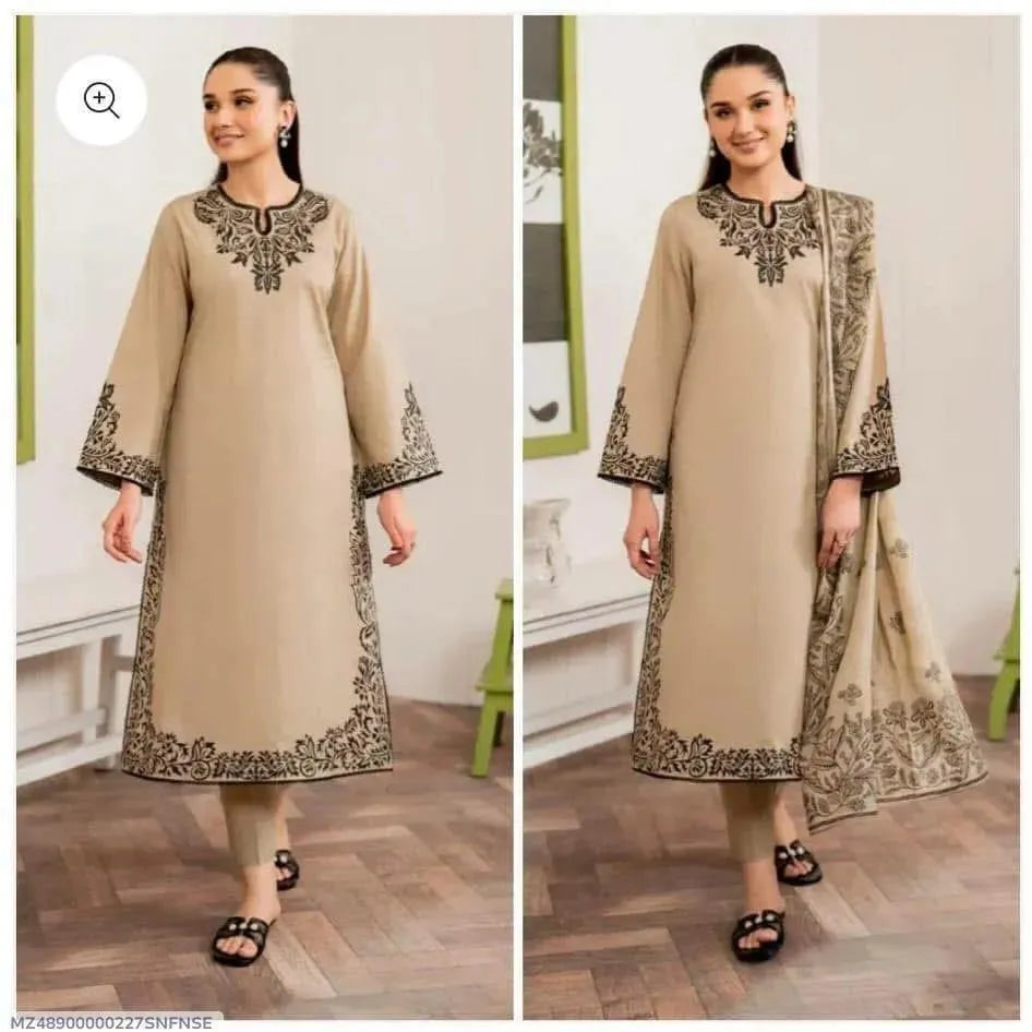 Unstitched Lawn Suit - Beige, Embroidered, 3 Piece