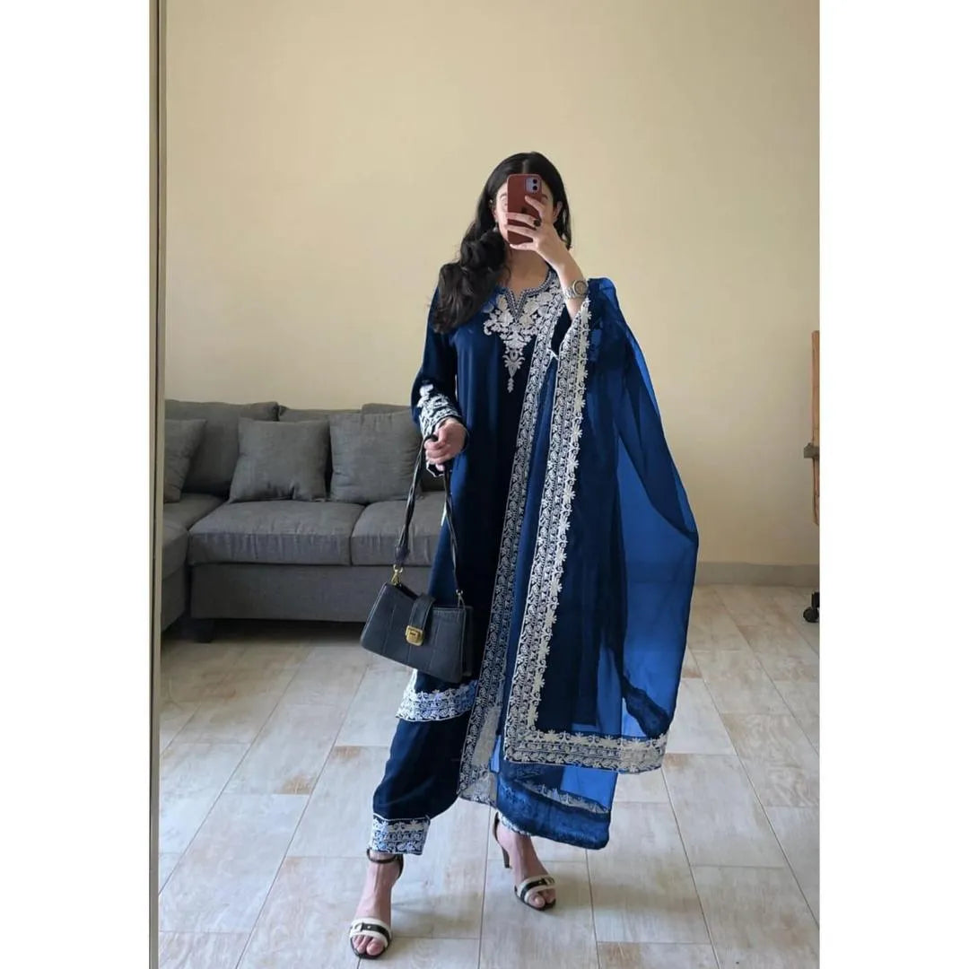 Women's Embroidered Organza Suit - Blue, U-Neck, Stitched