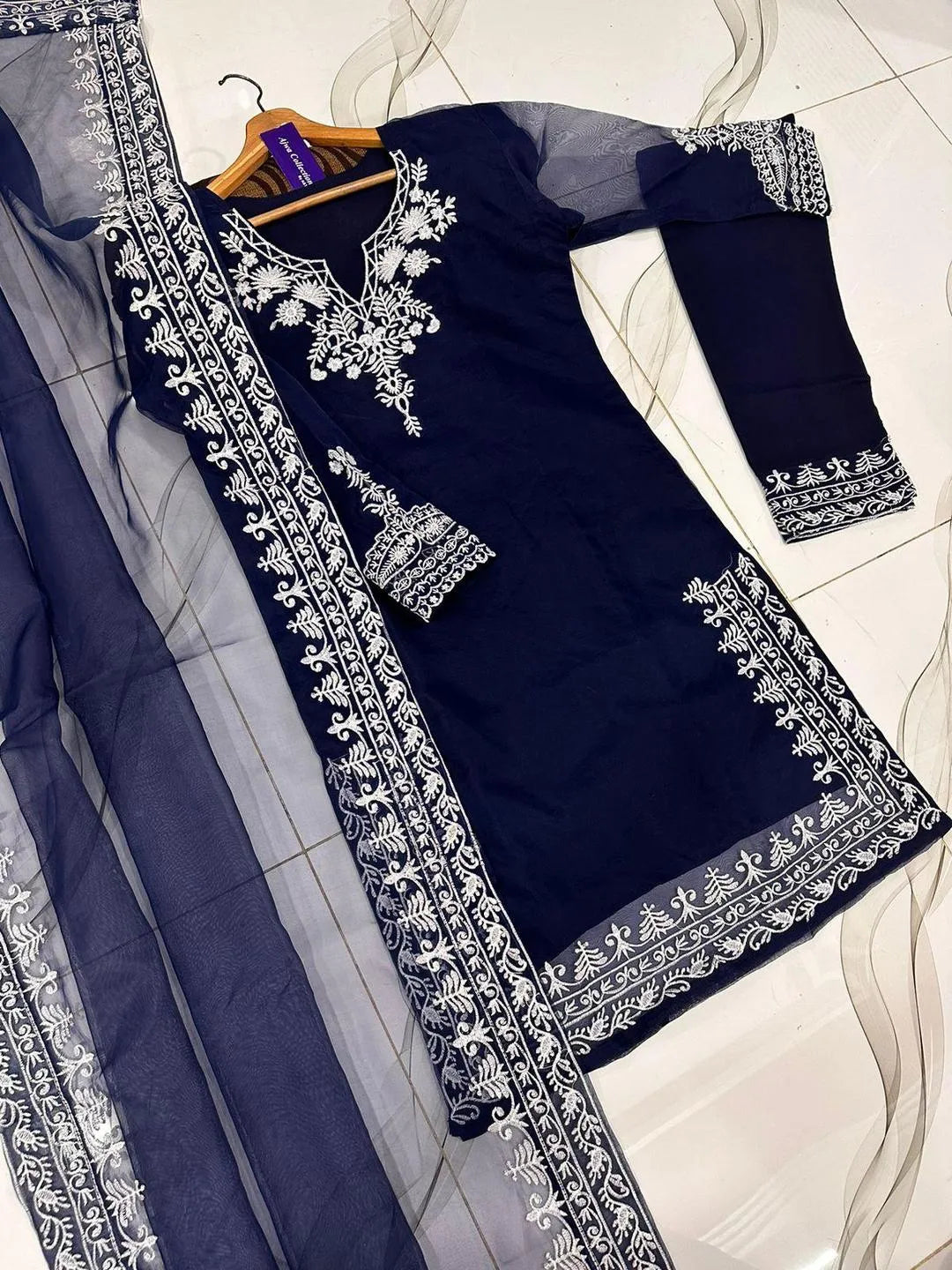 Women's Embroidered Organza Suit - Blue, U-Neck, Stitched