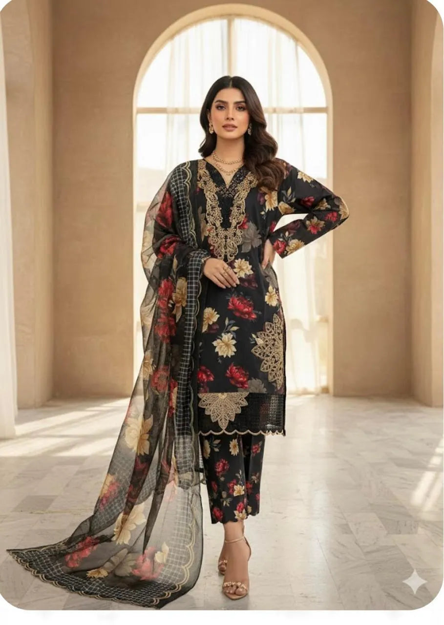 Black Printed Dobby Lawn Suit - 3-Piece Stitched - view 4