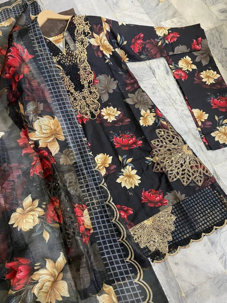 Black Printed Dobby Lawn Suit - 3-Piece Stitched - view 2