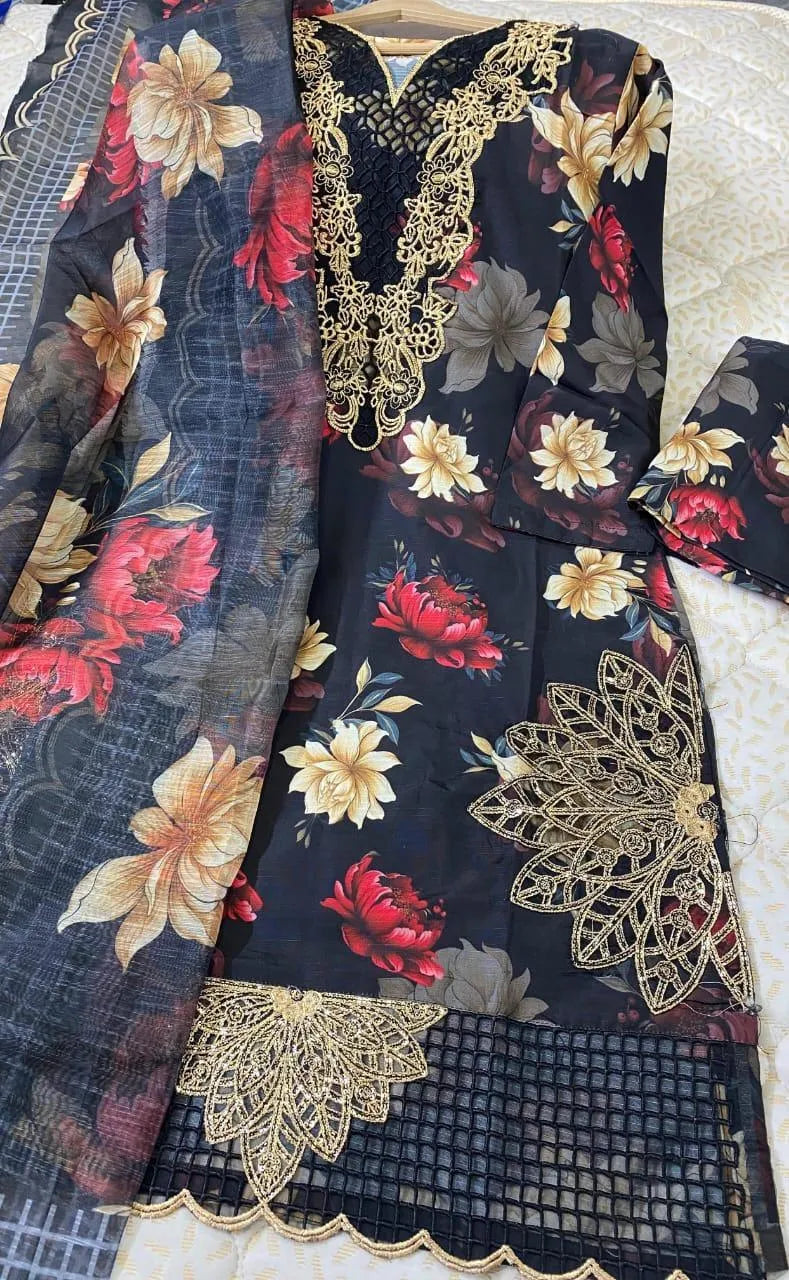 Black Printed Dobby Lawn Suit - 3-Piece Stitched - view 3