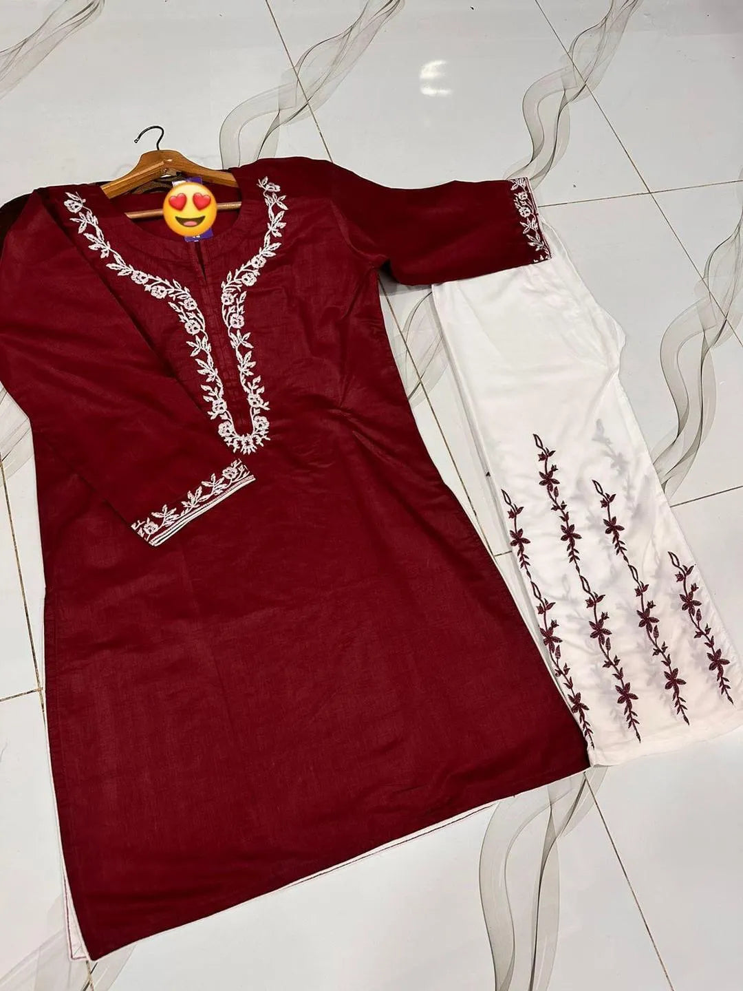 Maroon Embroidered Cotton Suit - 2-Piece Stitched - view 2