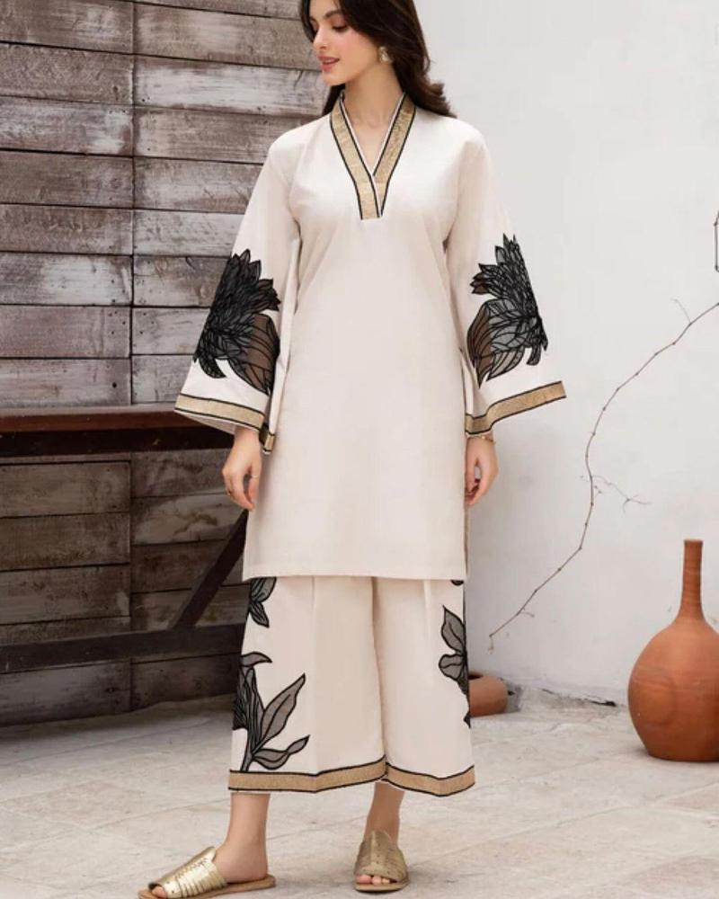 Women's Organza Suit - White, Embroidered, 3 Piece, Stitched