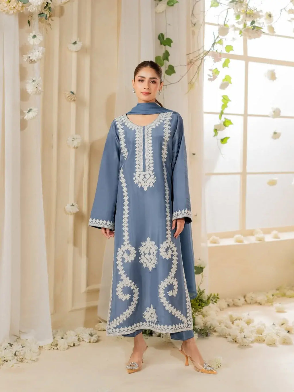 Blue Embroidered Raw Silk Suit - 3-Piece Stitched