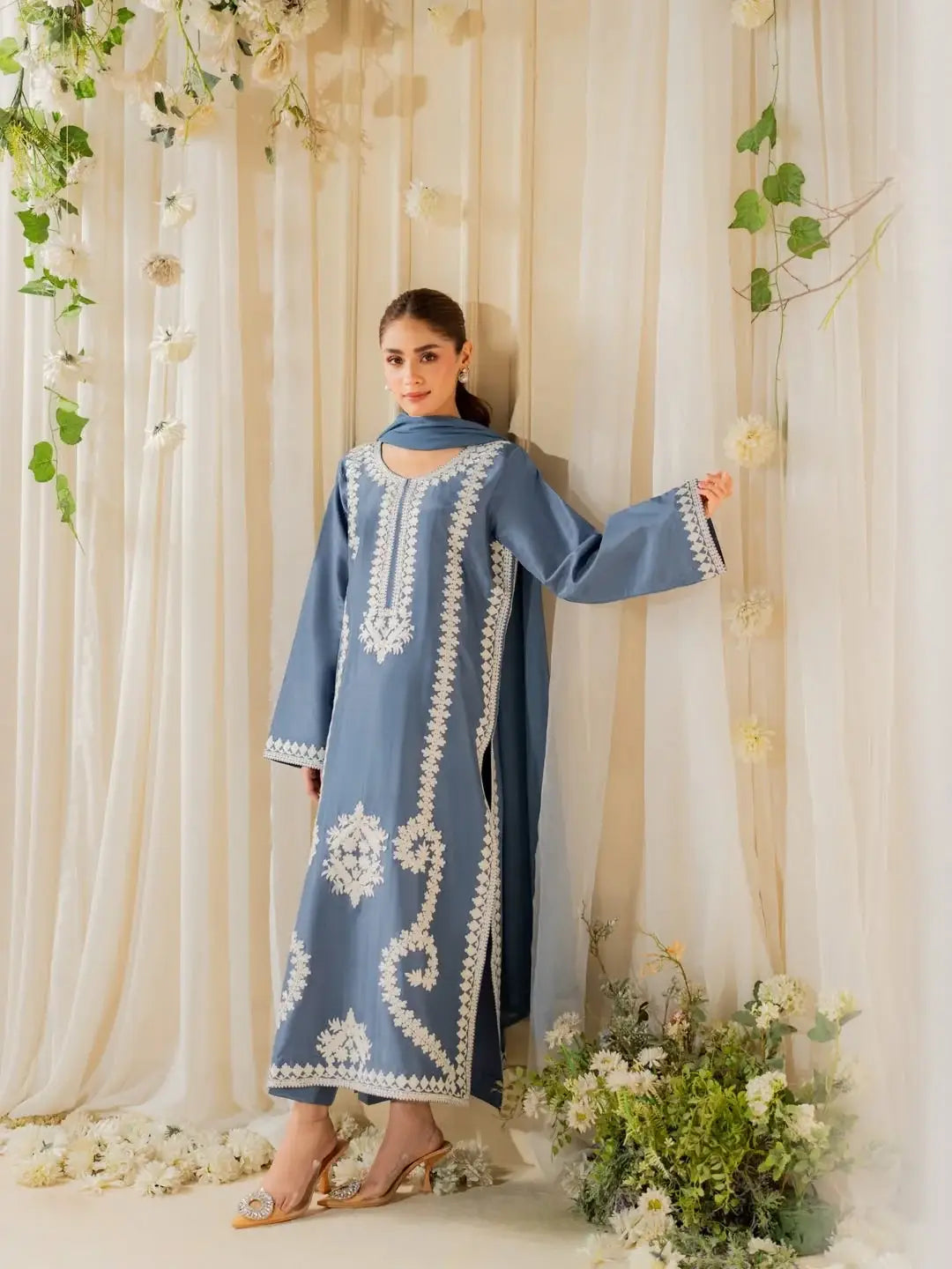 Blue Embroidered Raw Silk Suit - 3-Piece Stitched - view 2