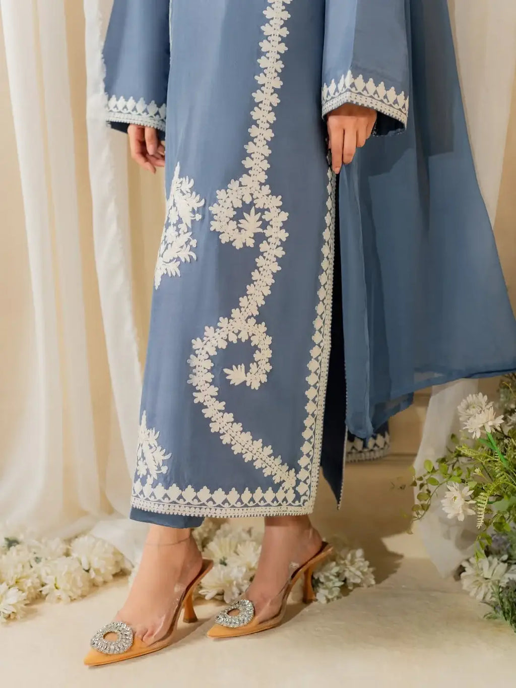 Blue Embroidered Raw Silk Suit - 3-Piece Stitched - view 3